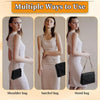 Three women models display different ways to use a classic metal chain purse strap on a light pink dress.