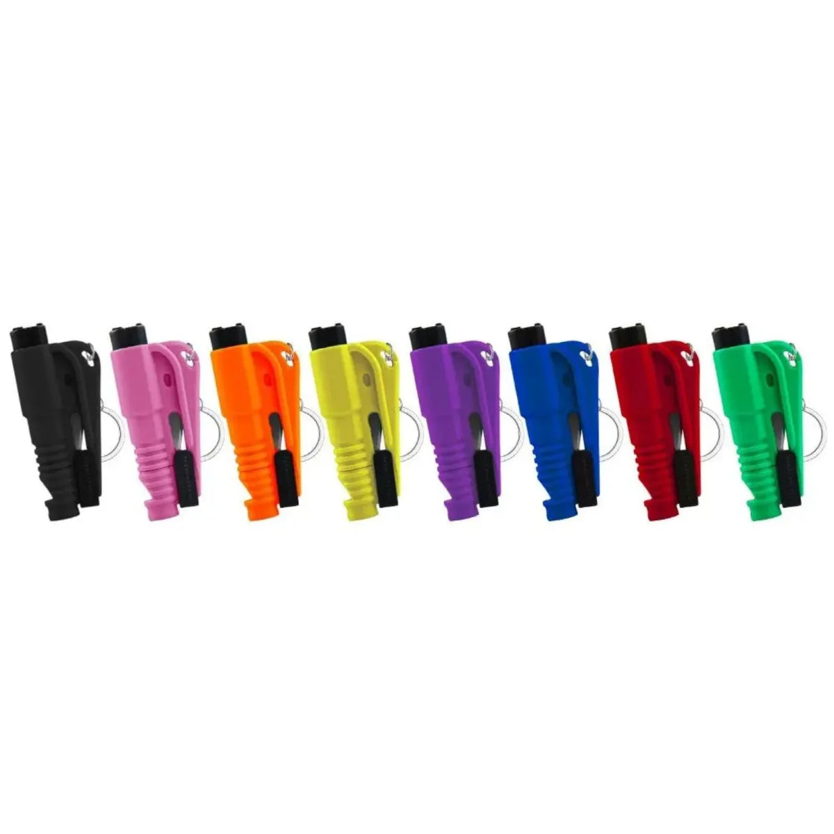 A set of six brightly colored car emergency escape tools including window breakers and seatbelt cutters.