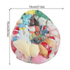 A clear PVC inflatable storage bag filled with various colorful plush toys and stuffed animals.