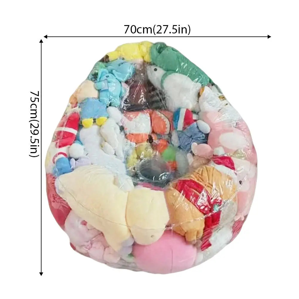 A clear PVC inflatable storage bag filled with various colorful plush toys and stuffed animals.