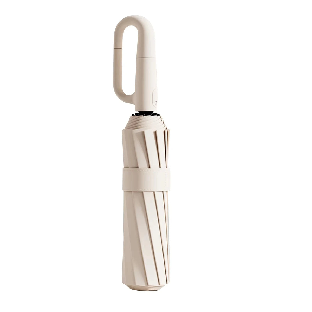 A beige windproof automatic folding umbrella with a curved handle and pleated canopy.