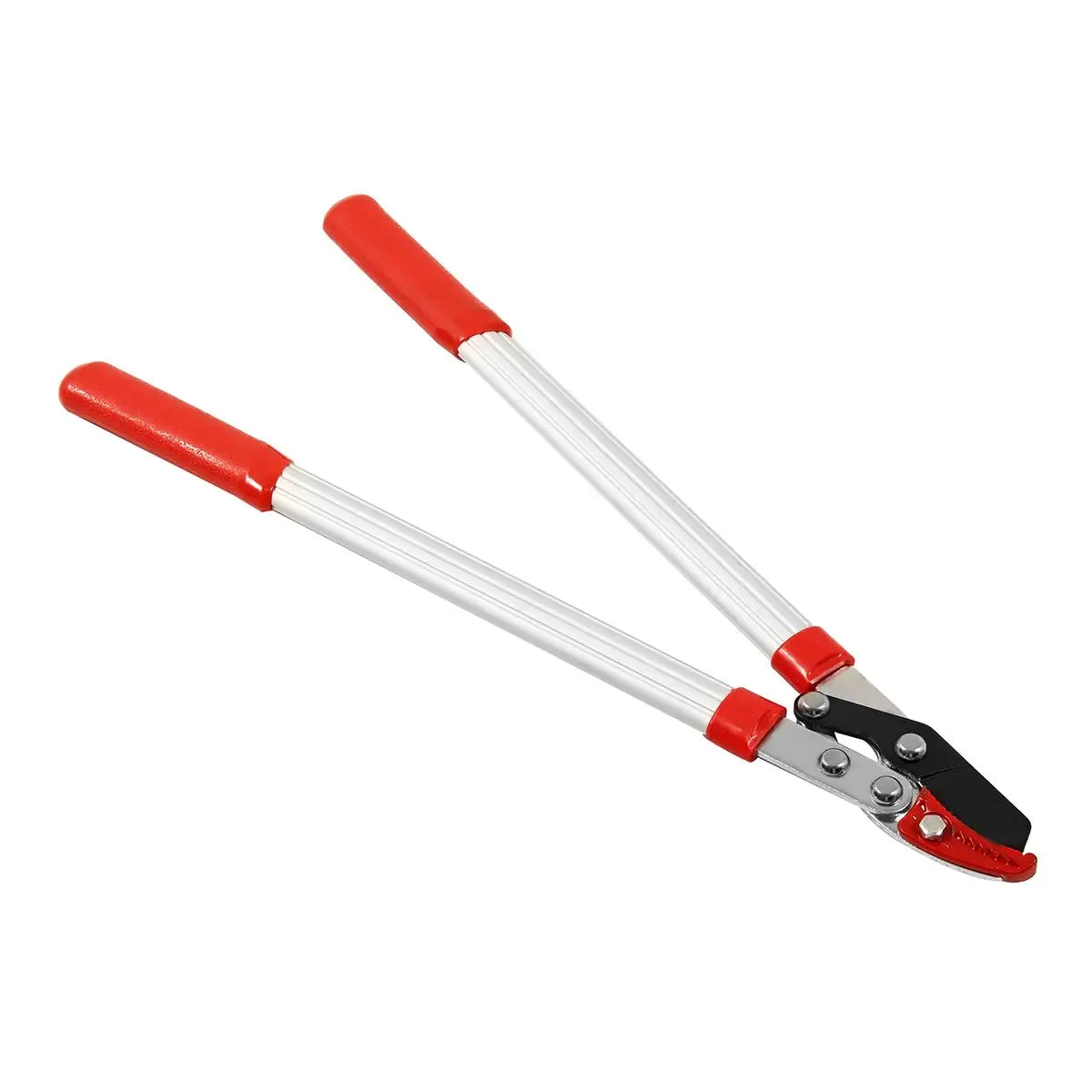 Red and silver telescopic ratchet pruning shears for garden trimming