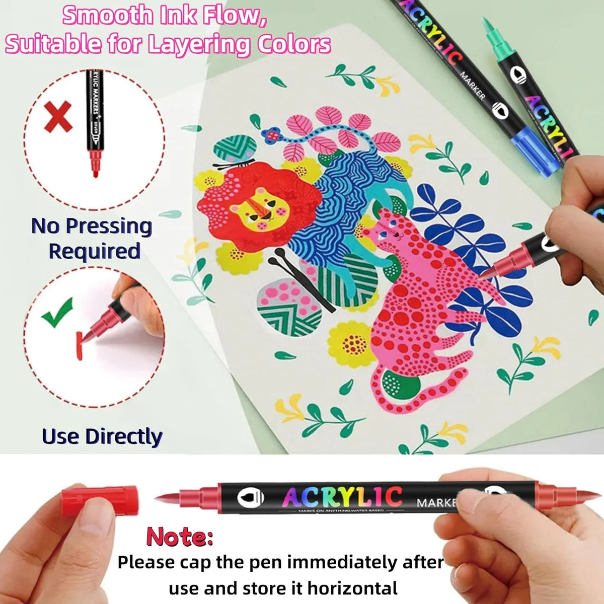 Ein Set doppelspitziger Acrylmarker zeichnet bunte Blumen- und Tiermotive auf weißem Papier.