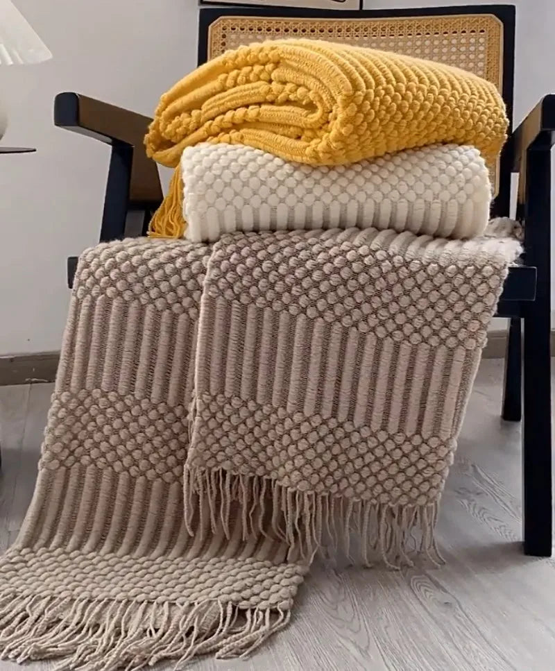 Khaki Knitted Throw Blanket with Tassels