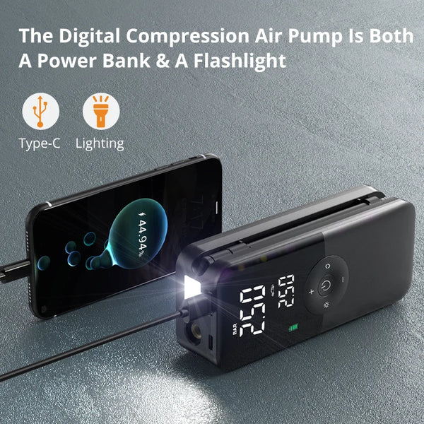 Une pompe à air numérique portable à côté d'un smartphone, montrant son utilisation comme batterie externe et lampe de poche.