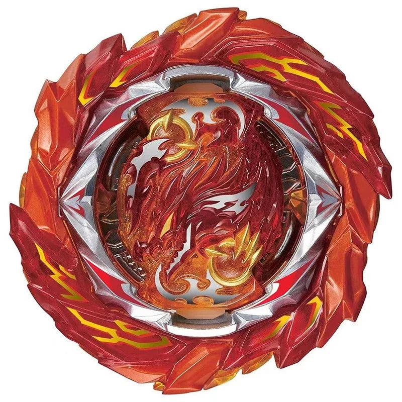 A battle spinning top with metal construction featuring a fiery orange and red design.