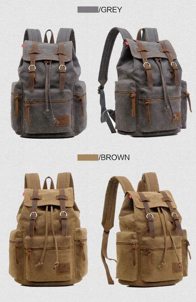 Vintage Canvas Backpack with Leather Accents – Large Capacity Travel & Laptop Bag