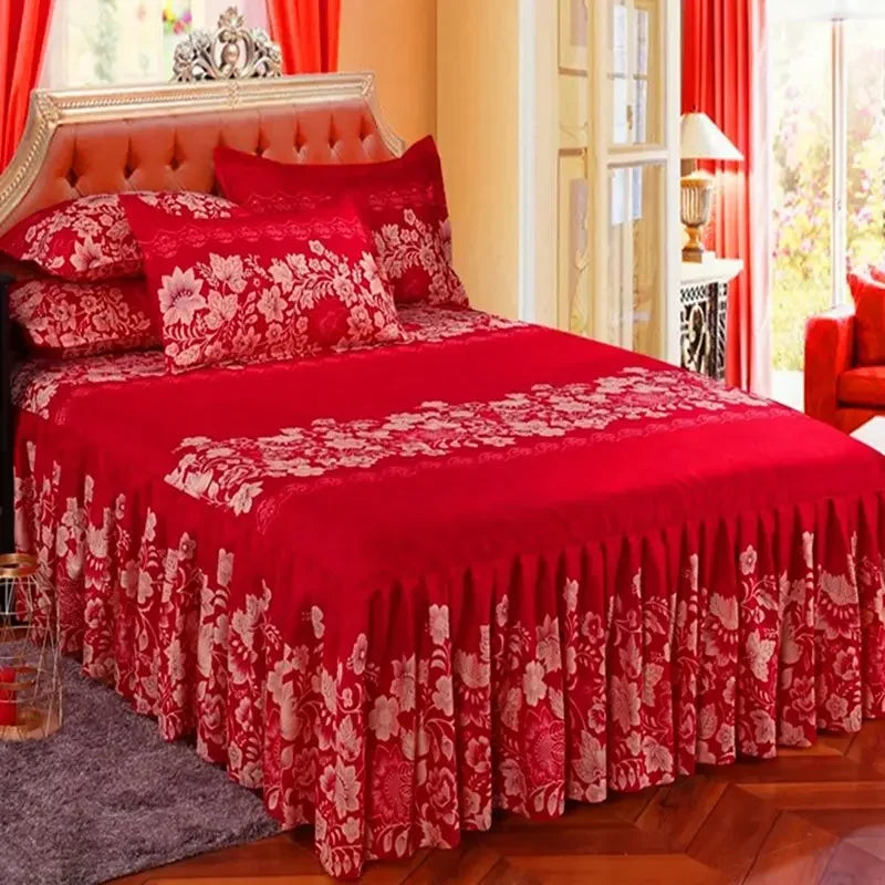 Elegant Elastic Fitted Bed Sheet Set with Lace Skirt and Pillowcases