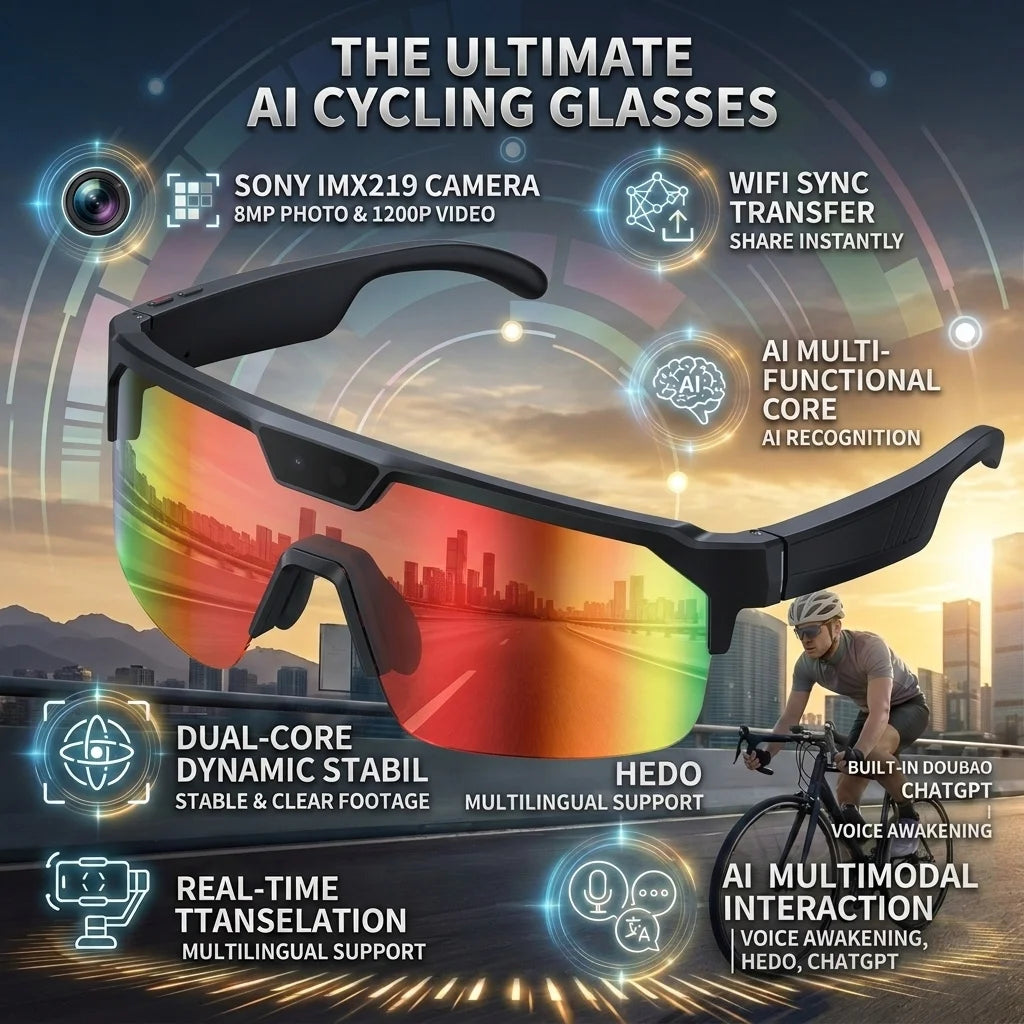 Lunettes de vélo IA avec caméra, synchronisation WiFi et cœur multifonctionnel IA pour traduction en temps réel.