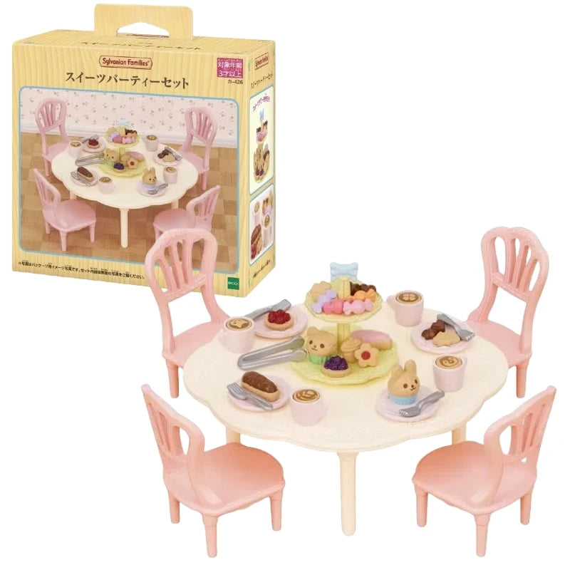 A boxed set of Sylvanian Families Forest Friends featuring pink furniture and small figures.