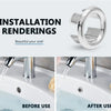 Installation renderings showing the chrome-plated sink overflow cover set before and after use.