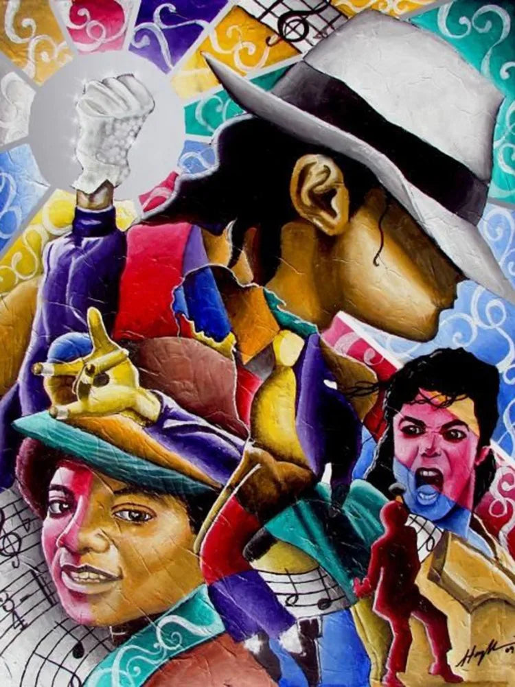 A vibrant diamond painting featuring a portrait of Michael Jackson with various colors and textures.