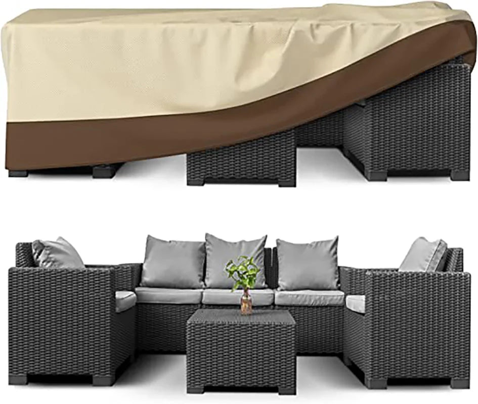 A waterproof patio furniture cover shown draped over a dark brown wicker outdoor sofa set.
