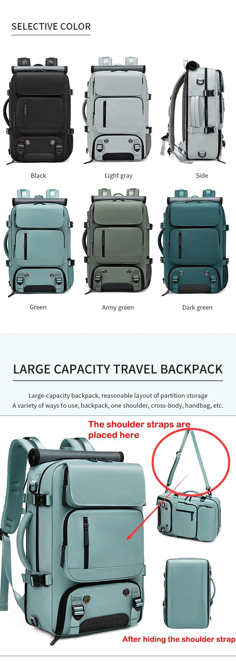 A variety of color options for a large capacity travel backpack including black, light gray, green, army green, and dark gree
