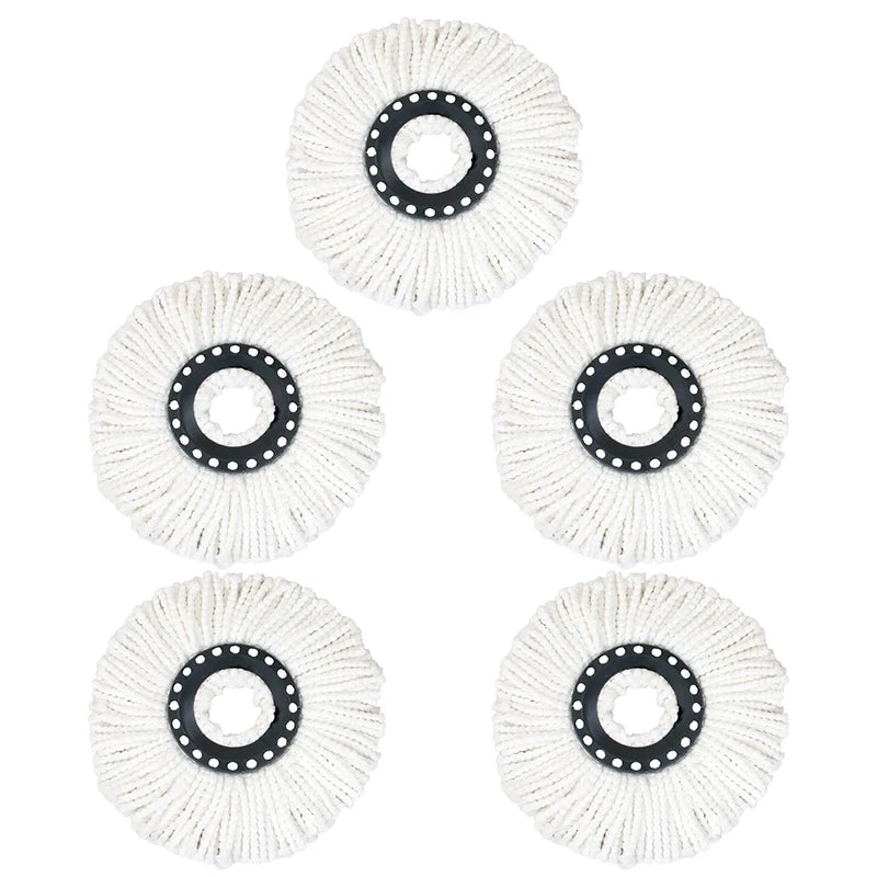 White microfiber mop head refill with a black ring center and frayed fibers