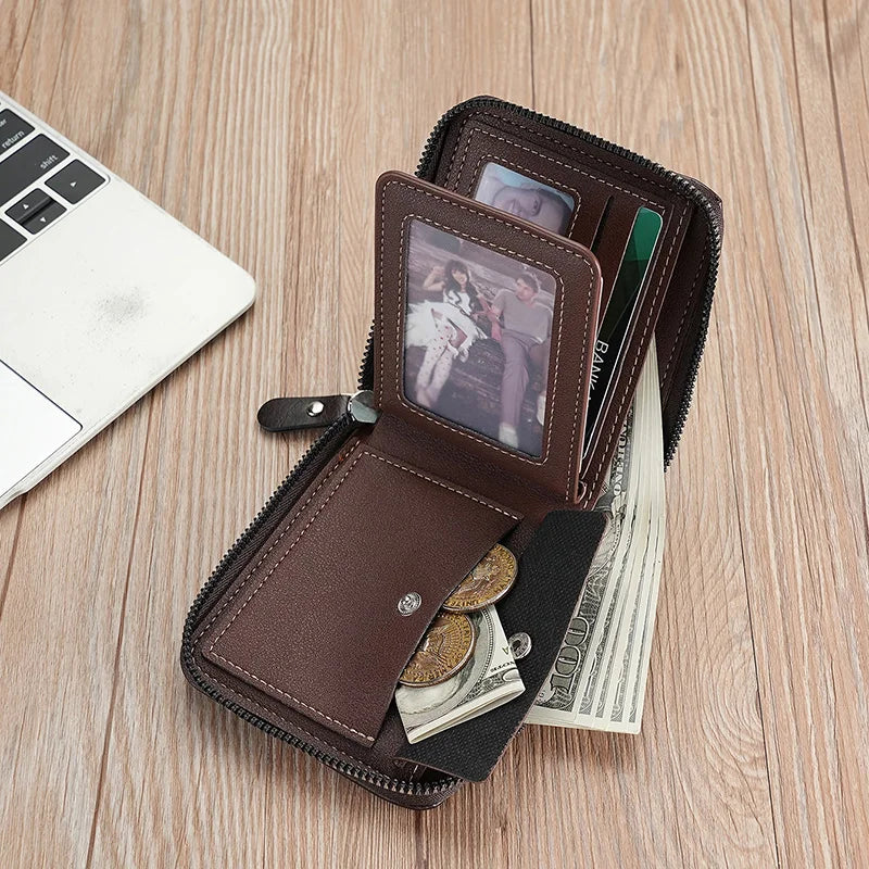 Portefeuille en cuir PU fin avec poche à pièces zippée