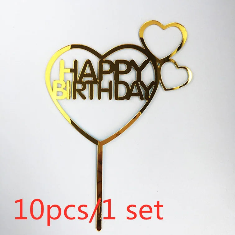 Gold Acrylic Happy Birthday Cake Toppers (Set of 10)