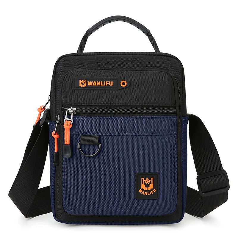 Black and navy casual crossbody bag with an adjustable strap featuring the Wanlifu logo.