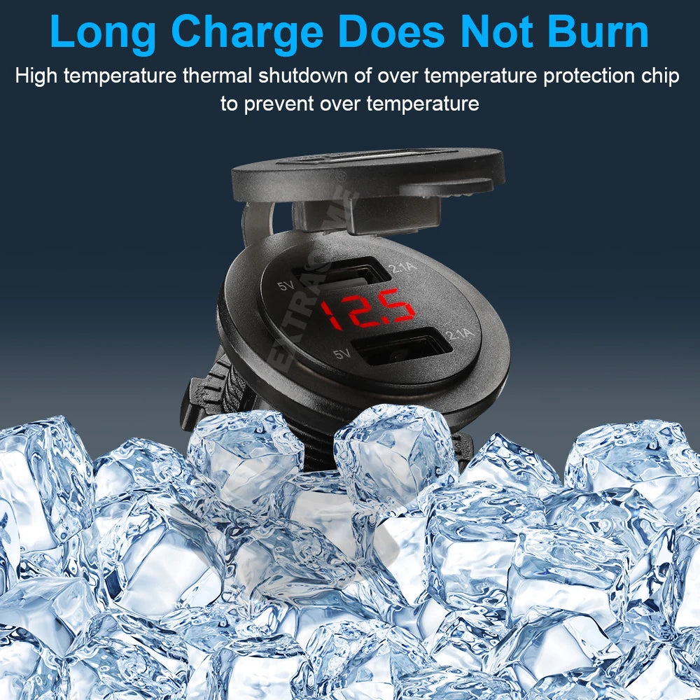 Dual USB Car Charger with LED Voltmeter – Fast Charging 12V/24V