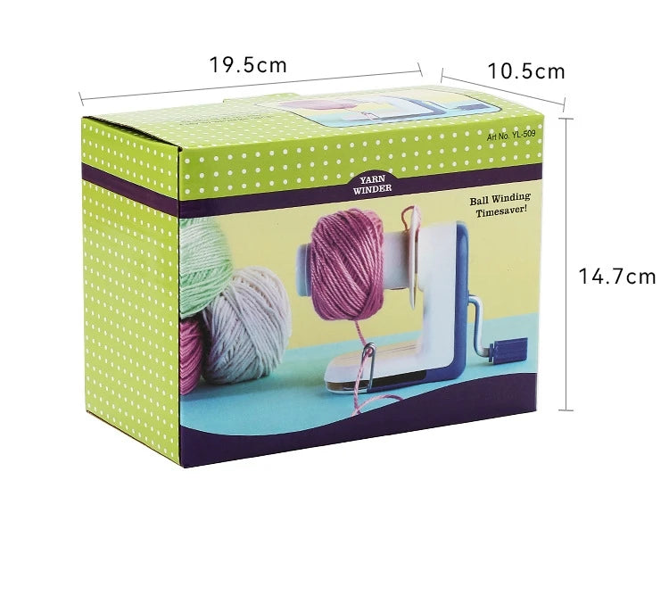 A box of a compact hand-operated yarn ball winder with pink and green accents, showing the device and yarn.