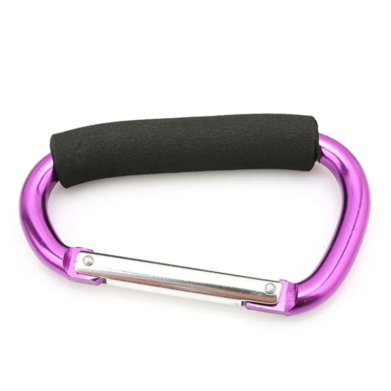 A heavy-duty aluminum stroller hook featuring a purple finish and a black comfort grip.