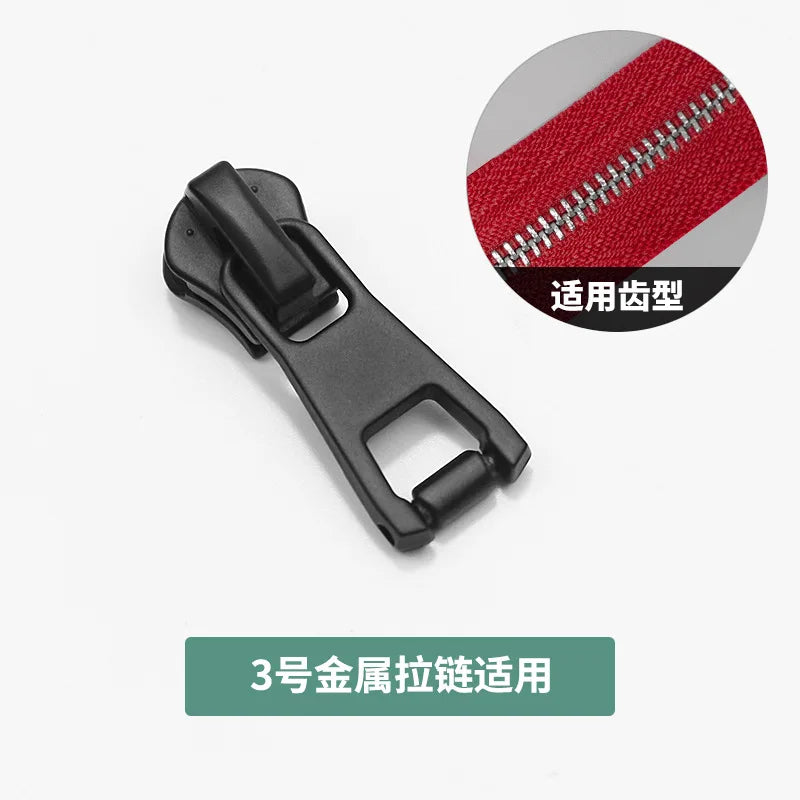 A black zipper slider repair kit with a red stitching sample and text indicating compatibility with 3-inch metal zippers.