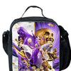 A black backpack featuring a graphic design of basketball players and sports imagery.
