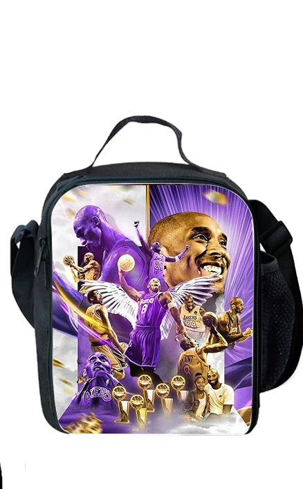 A black backpack featuring a graphic design of basketball players and sports imagery.