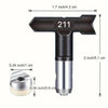 A black spray tip with the number 211 and a silver metal nozzle is shown with its dimensions.