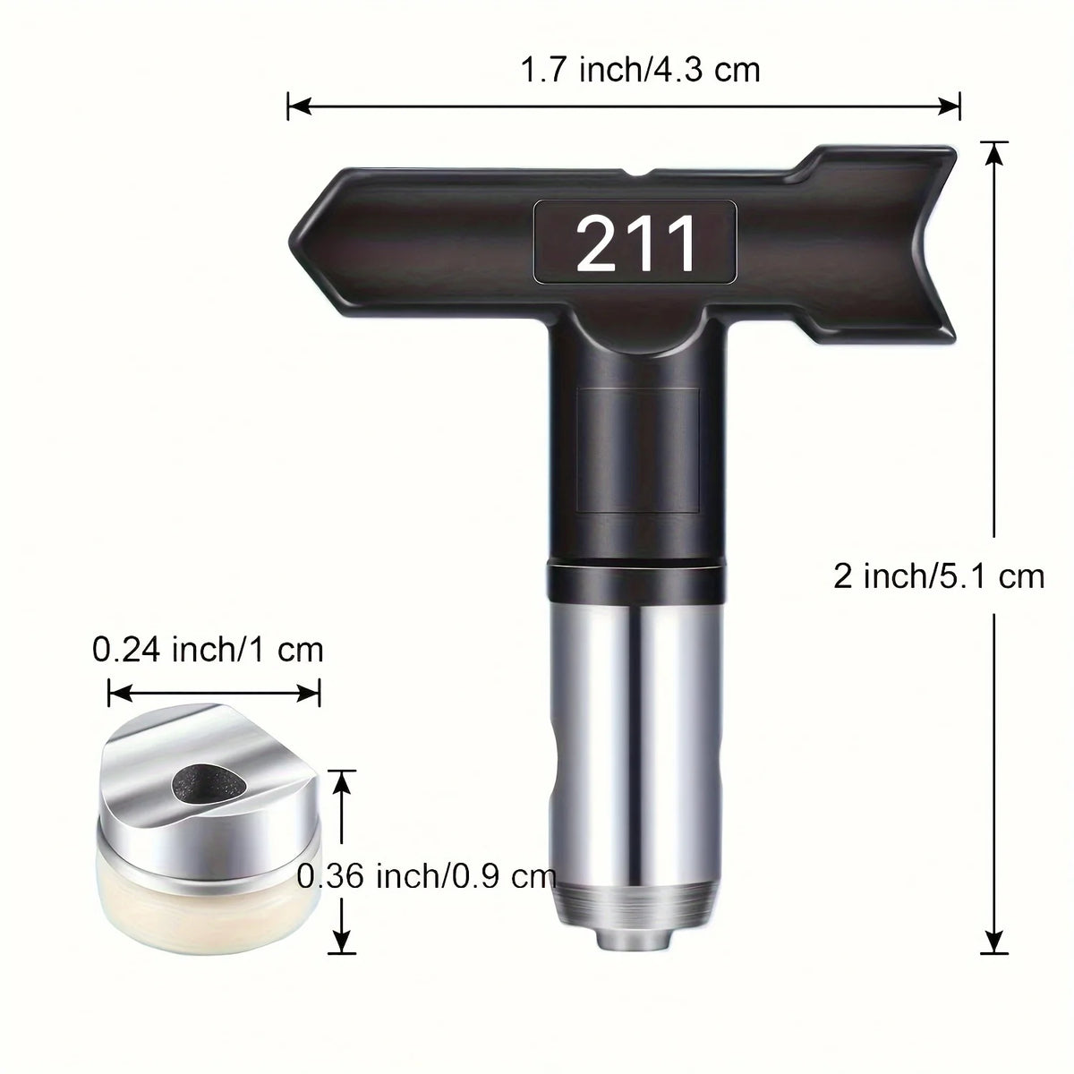 A black spray tip with the number 211 and a silver metal nozzle is shown with its dimensions.