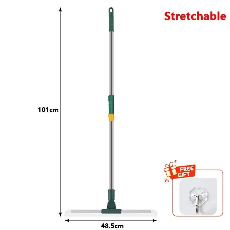 A long, stretchable silicone scraper broom and squeegee with a green handle and white head.