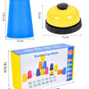A yellow and blue stacking cup bottle set with activity cards for toddlers shown in a box.