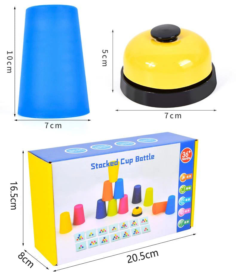 A yellow and blue stacking cup bottle set with activity cards for toddlers shown in a box.