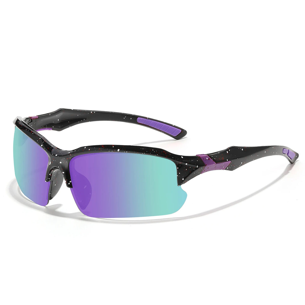 A pair of black sports sunglasses with purple accents and iridescent green-blue lenses.
