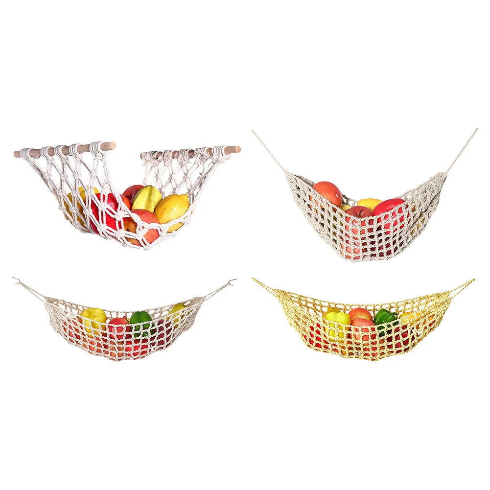 Three macrame hanging fruit hammocks made of woven material holding various colorful fruits.