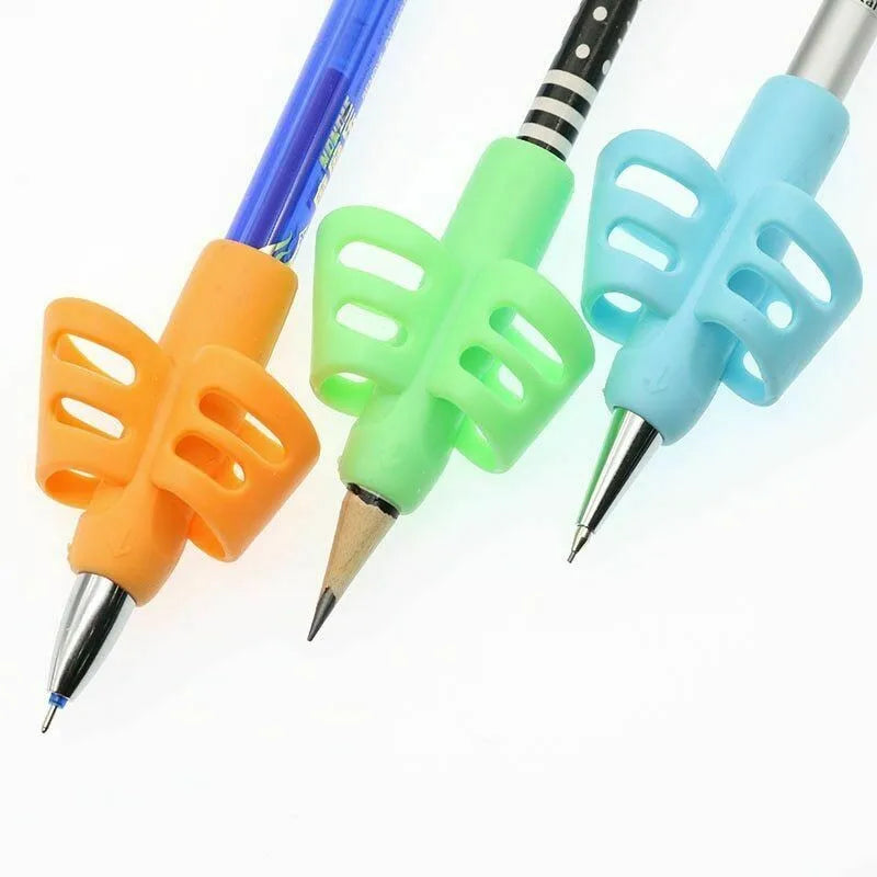 An ergonomic pencil grip trainer set with colored grips for posture correction.