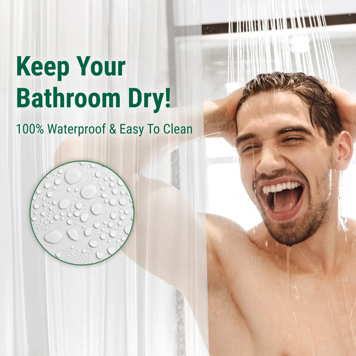 A man is showering under a clear shower curtain, demonstrating the waterproof nature of the liner.