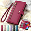 A stack of pink crossbody phone wallets with card slots and zipper closures displayed on a white background.