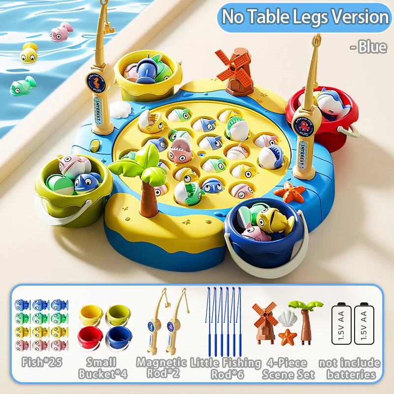 Blue magnetic fishing game set with rods and buckets for kids