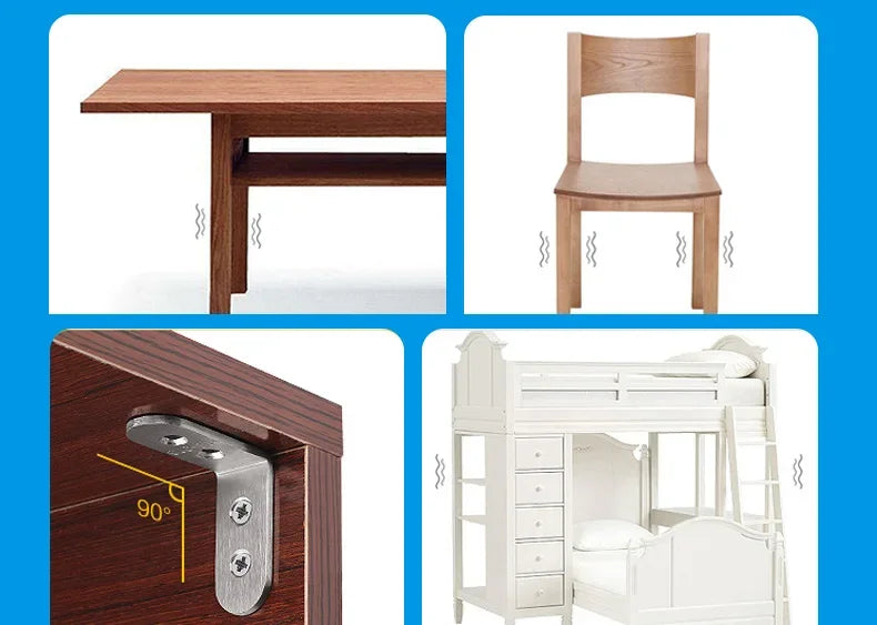 A set of stainless steel 90-degree angle brackets with screws shown for furniture assembly.