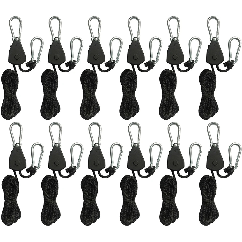 A set of 2m camping tent rope tensioners featuring ratchet pulley hooks.