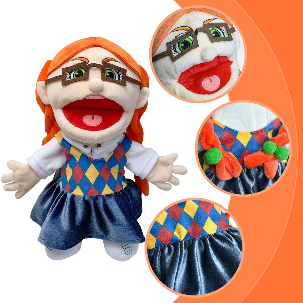 A soft plush hand puppet of a zombie boy with orange hair, glasses, and blue clothing, shown with close-up details.