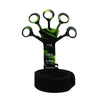 A black adjustable finger strengthener tool with a wrist strap and green accents.
