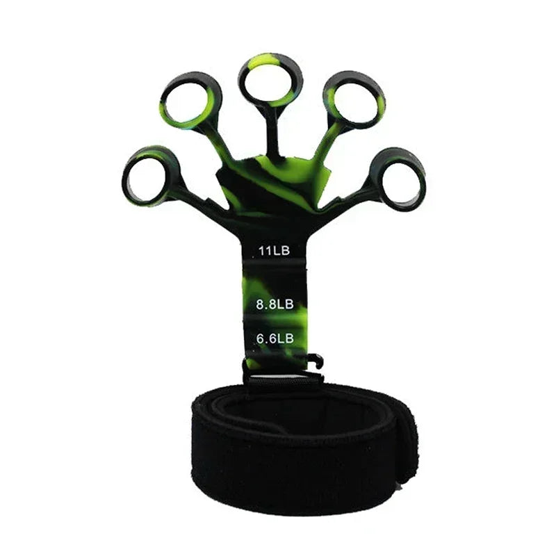 A black adjustable finger strengthener tool with a wrist strap and green accents.