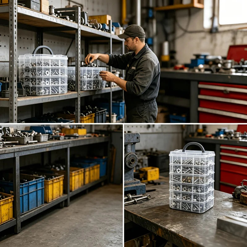 A man is organizing hardware and small parts into a 6-layer transparent storage organizer in a workshop setting.