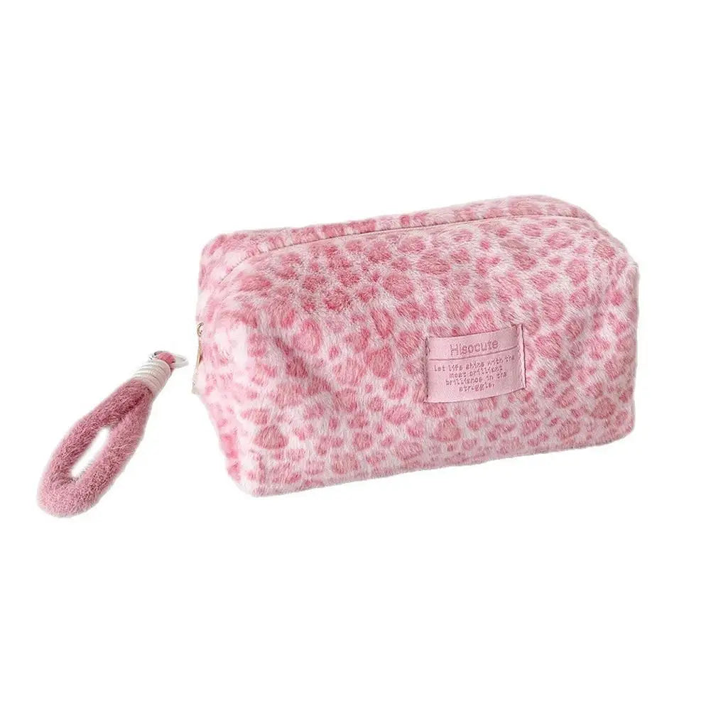 Leopard Print Plush Makeup Bag with Carry Handle