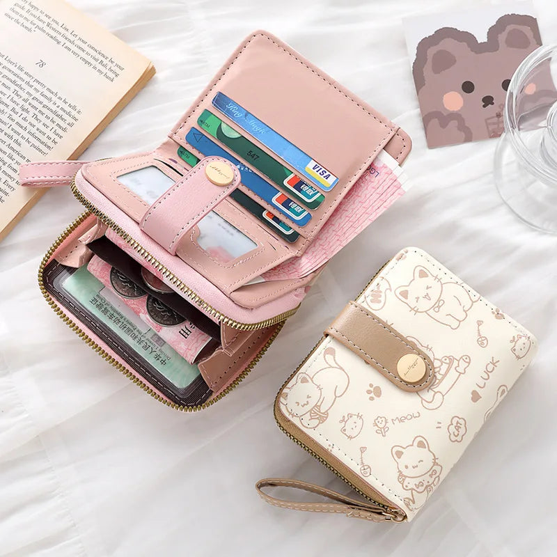 Cute Cat Face PU Leather Coin Purse with Wrist Strap