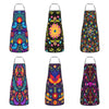A set of colorful Mexican floral art aprons featuring vibrant patterns and designs for kitchen, cooking, or painting.