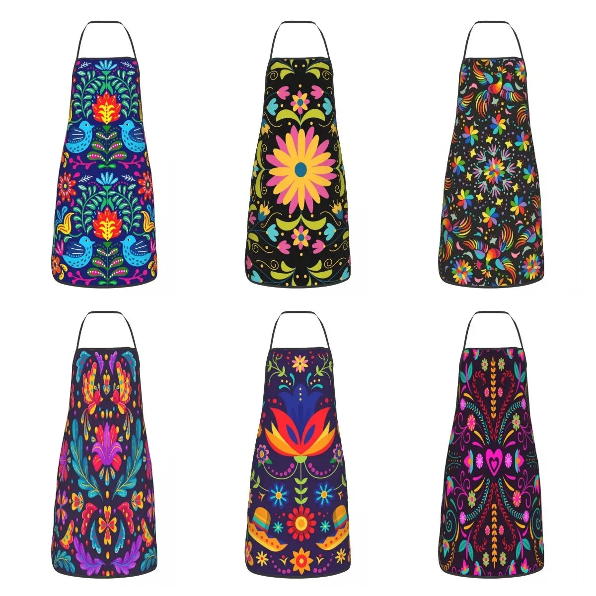 A set of colorful Mexican floral art aprons featuring vibrant patterns and designs for kitchen, cooking, or painting.