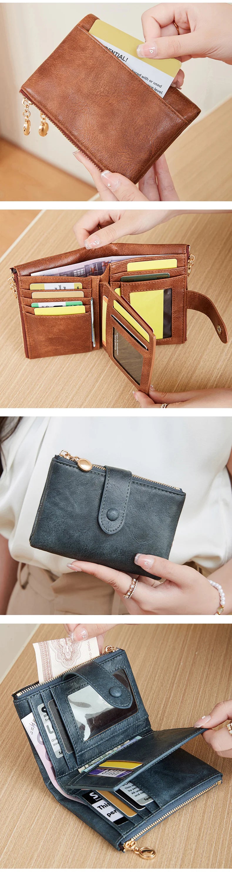 Women's Retro Tri-Fold Wallet with Large Capacity and Dual Zippers